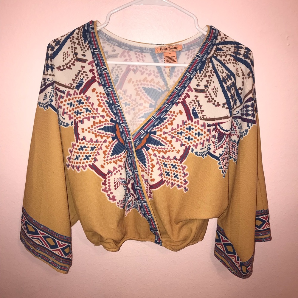 V neck printed flowy boho 3/4 sleeve top
